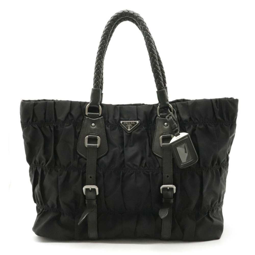 Prada Gathered Tote Bag Handbag Leather NERO Black